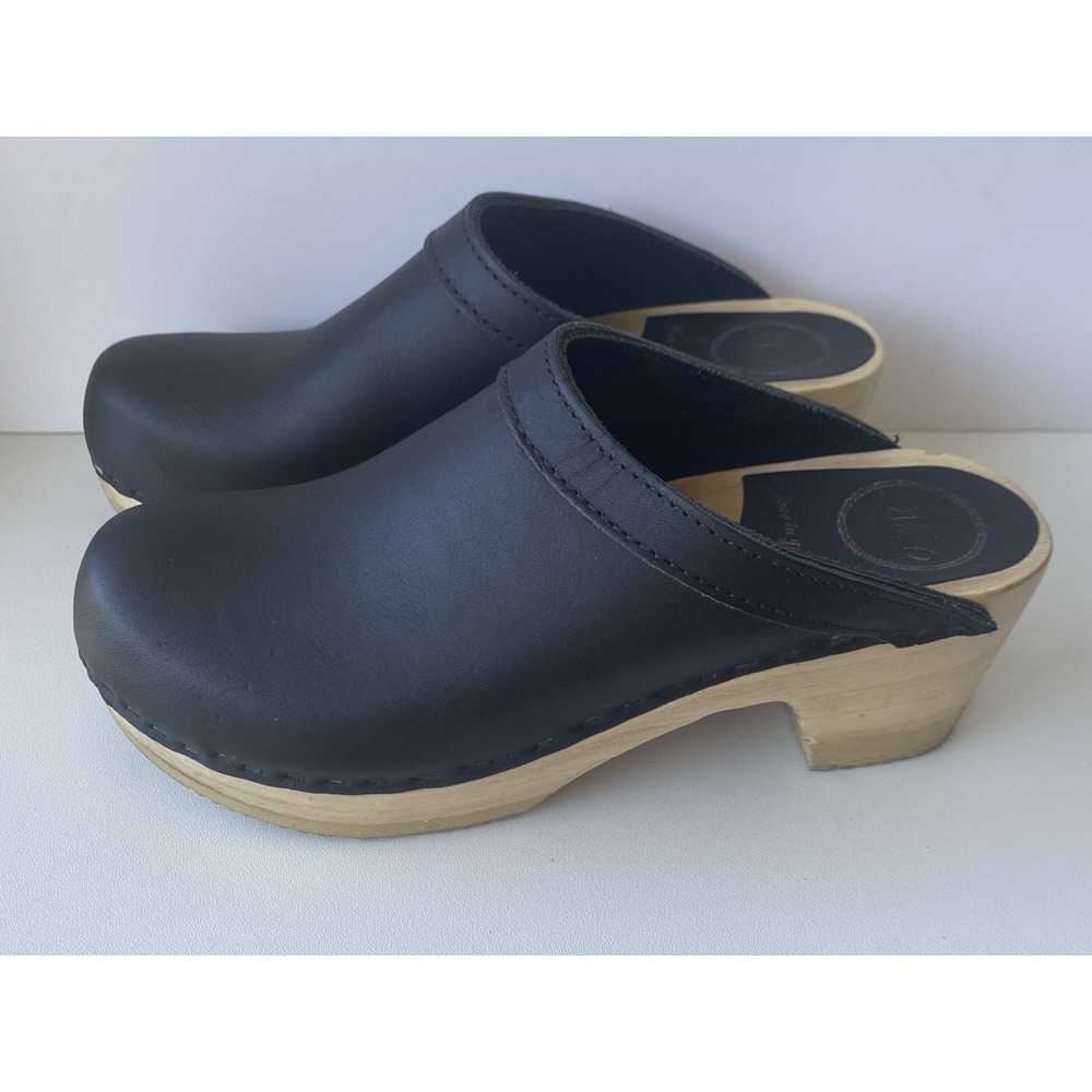 No.6 Old School Clog on High Heel Black leather Suede Womens Size 36 US 6 Shoes